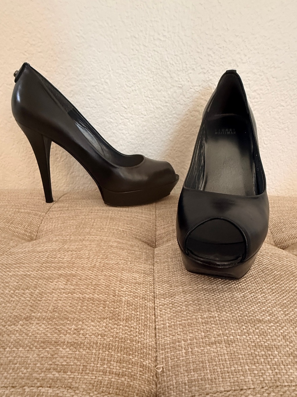 Stuart Weitzman Black Leather Peep-Toe Platform Stilettos - Picture 1 of 6